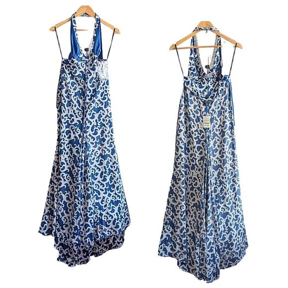 NWT Vtg Y2K BEBE Royal Blue & Silver Satin Rhinestone Halter Maxi Prom Gown Sz S - Picture 4 of 8